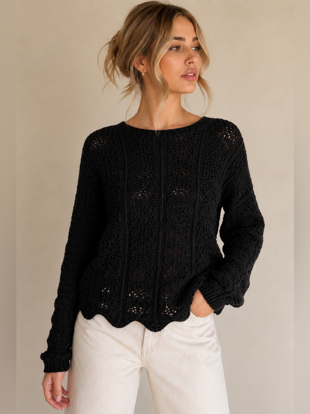 Black Open Knit Scalloped Hem Sweater | Cottagecore Coastal Minimalist · Cha Sor